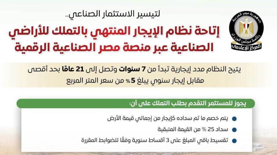 المركز الإعلامي لمجلس الوزراء يستعرض تفاصيل نظام الإيجار المنتهي بالتملك للأراضي الصناعية عبر منصة مصر الصناعية الرقمية