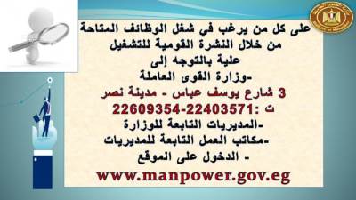 القوى العاملة تعلن عن 1922 فرصة عمل بـ15 محافظة