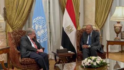 ‏جلسة مباحثات بين وزير الخارجية وجوتيريش فى قصر التحرير حول غزة