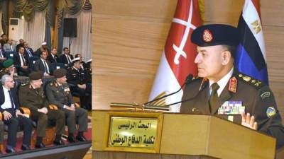 الفريق أسامة عسكر يشهد مناقشة البحث الرئيسى للأكاديمية العسكرية