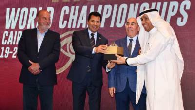 وزير الرياضة يشهد المؤتمر الصحفي للإعلان عن استضافة مصر لبطولة العالم للكاراتيه