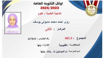 بـ 403.5 درجة.. رؤى أحمد مدبولى تحصل على المركز الثانى علمى علوم
