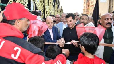 وزير الشباب والرياضة ومحافظ كفرالشيخ يفتتحان الملعب القانوني بمركز شباب بلطيم ويتفقدان إنشاء مدرجات نادي بلطيم الرياضي