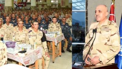 الفريق أحمد خليفة يتناول وجبة الإفطار مع أعضاء هيئة تدريس وطلبة معهد ضباط الصف المعلمين