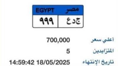 طرح لوحة سيارة مميزة رقمها "جـ د ع - 999" بسعر 700 ألف جنيه