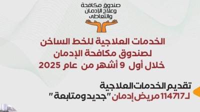  جهود صندوق مكافحة الإدمان في  تقديم الخدمات العلاجية المجانية لمرضى الإدمان خلال 9 أشهر 