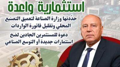 الصناعة تكشف عن 28 فرصة استثمارية استراتيجية لتعميق التصنيع المحلي وتقليل الواردات