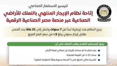 المركز الإعلامي لمجلس الوزراء يستعرض تفاصيل نظام الإيجار المنتهي بالتملك للأراضي الصناعية عبر منصة مصر الصناعية الرقمية